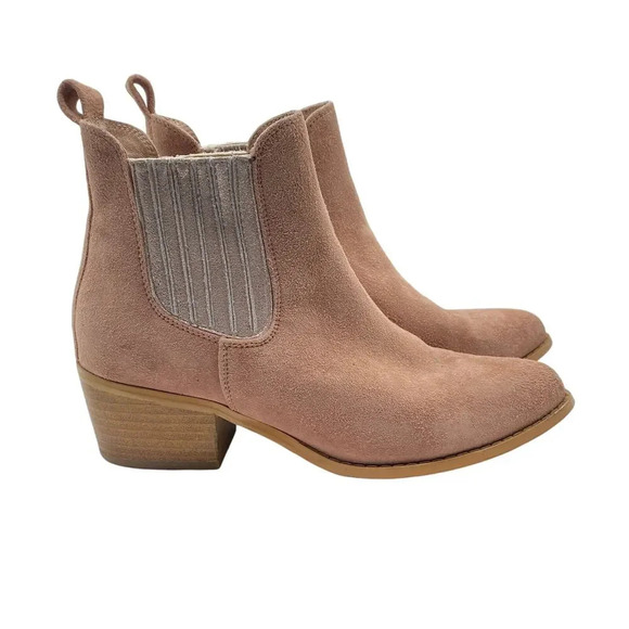 BY ANTHROPOLOGIE Dusty Rose Pink Suede Chelsea Heeled Western Boots Booties Sz 6 - Picture 1 of 8